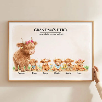 Personalized Highland Cow Family Poster, Grandma & Grandpa's Herd Wall Art, Unique Gift for Grandparents