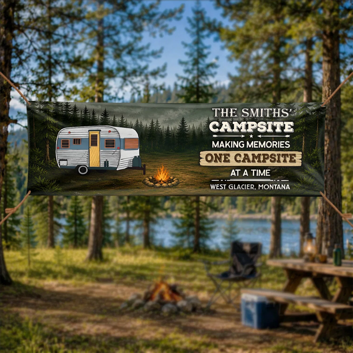Personalized Vinyl Banner with Vintage Camper and Campfire, Unique Campsite Gift for Camping Families