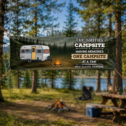 Personalized Vinyl Banner with Vintage Camper and Campfire, Unique Campsite Gift for Camping Families
