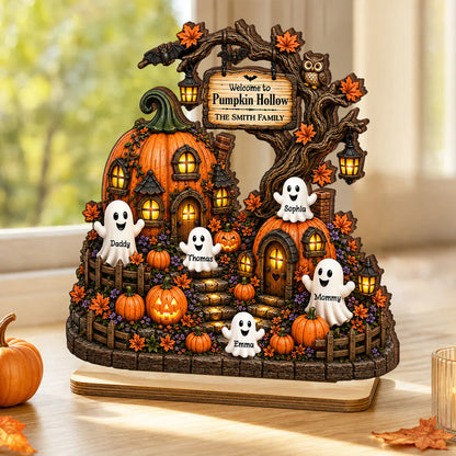 Personalized 2-Layer Wooden Plaque, Pumpkin Hollow Scene, Unique Halloween Gift for Family Decor