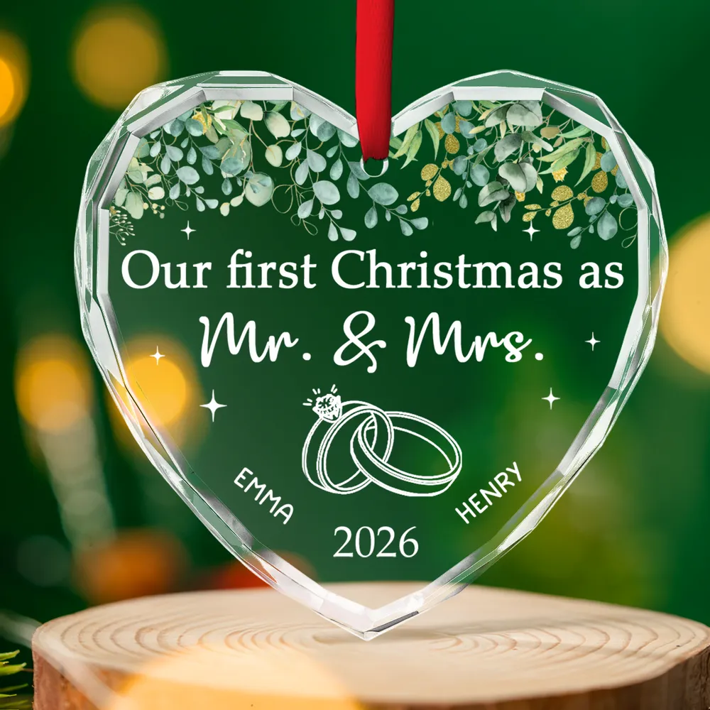 Personalized Crystal Heart Ornament with Wedding Rings and Greenery, Unique Wedding Gift for Newlyweds