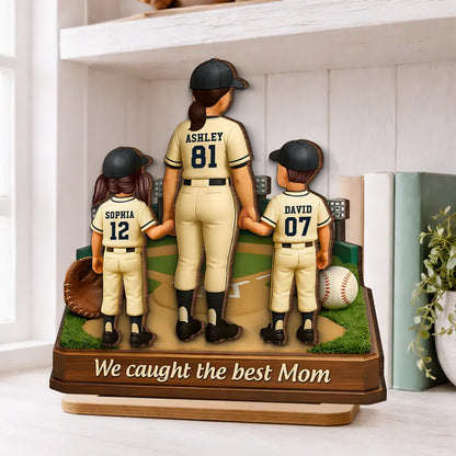 Personalized 2-Layer Wooden Plaque Baseball Mom with Kids Holding Hands, We Caught The Best Mom, Unique Gift for Mom