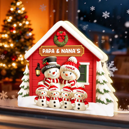 Personalized Acrylic Light Box with Snowman Family House, Cozy Christmas Décor and Unique Holiday Gift for Parents Grandparents