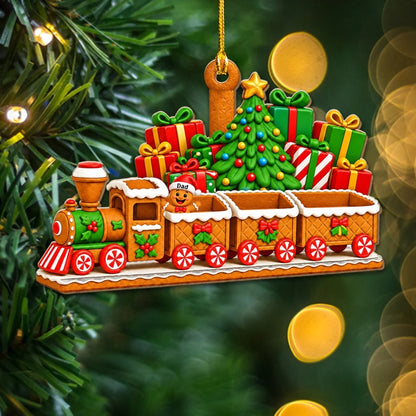 Personalized Acrylic Ornament, Gingerbread Family Riding a Colorful Train, Unique Christmas Gift for Family