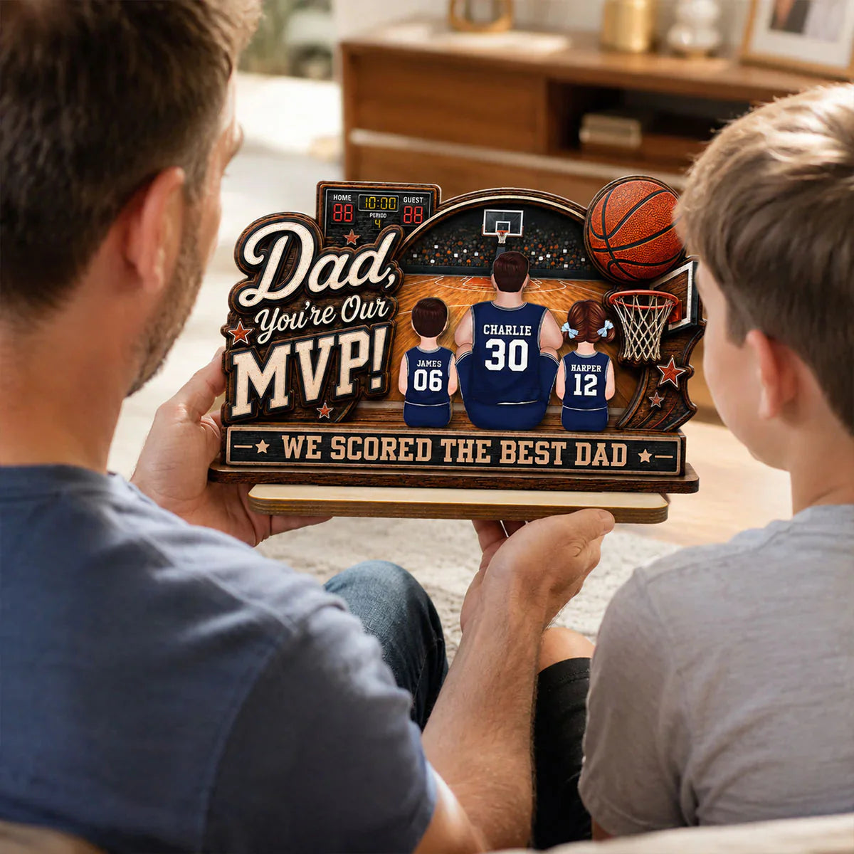 Dad You're Our MVP 2-Layer Wooden Plaque, Custom Basketball Court Keepsake, Creative Gift for Dad
