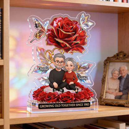 Personalized Shaped Acrylic Block Plaque with Rose Couple Illustration for Romantic Shelf Decor, Unique Gift for Him or Her