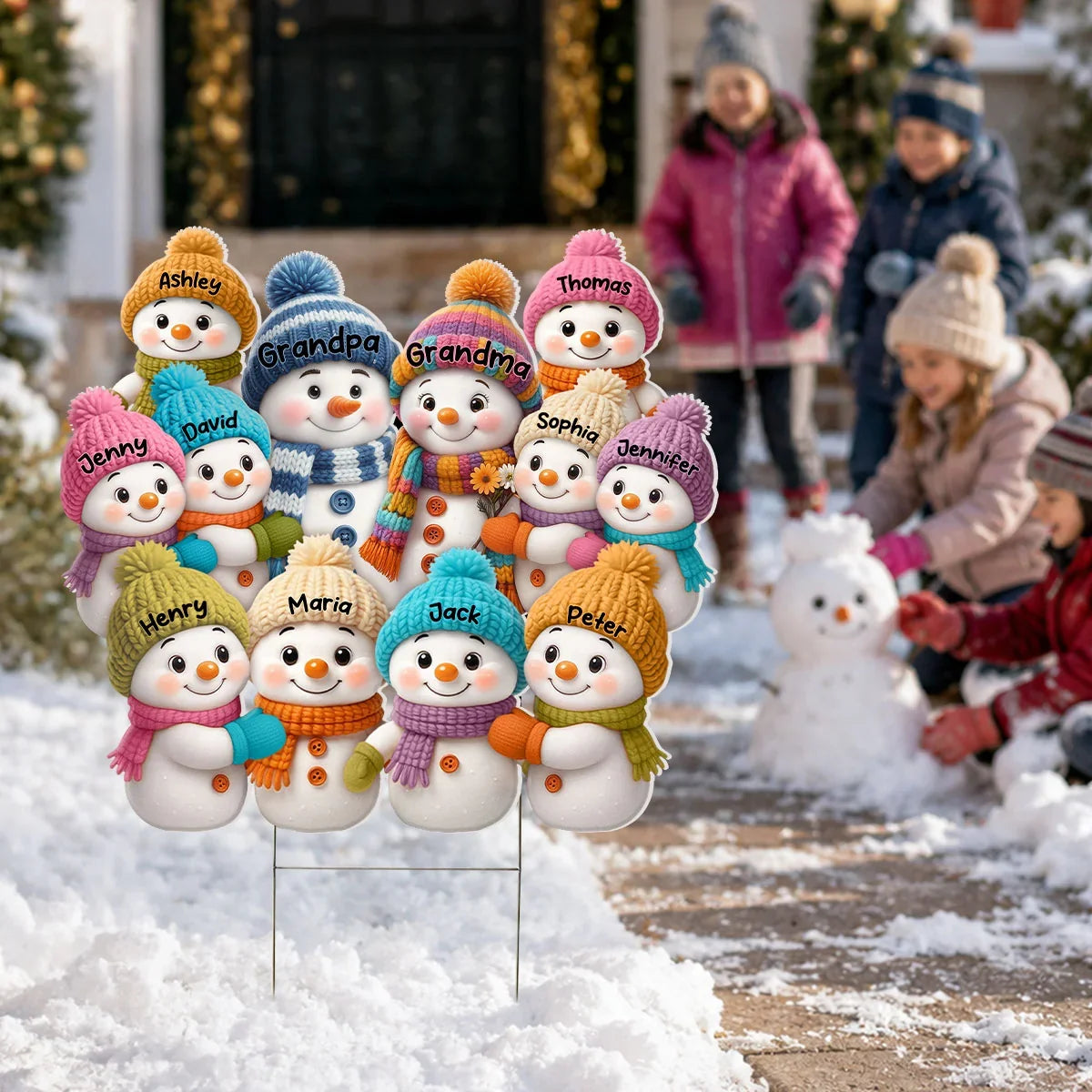 Personalized Shaped Yard Sign, Colorful Snowman Family in a Snowy Christmas Yard, Unique Gift for Grandparents