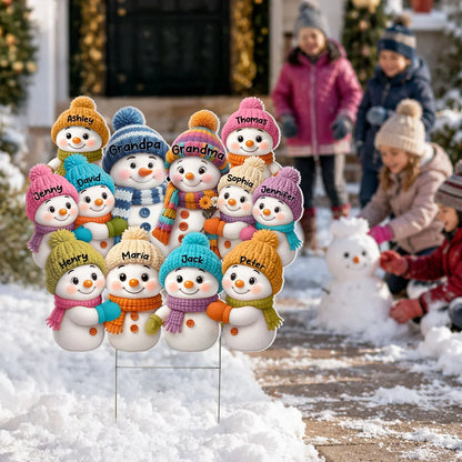 Personalized Shaped Yard Sign, Colorful Snowman Family in a Snowy Christmas Yard, Unique Gift for Grandparents