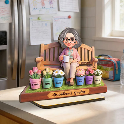 Personalized 2-Layer Wooden Plaque Grandma's Garden Bench Scene for Grandma, Sweet Family Keepsake Gift
