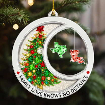 Personalized Acrylic Ornament with Gemstone Christmas Tree & States – Family Love Knows No Distance, Unique Holiday Gift