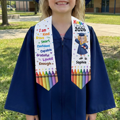 Personalized Polyester Satin Stole for Kinder Graduate With Affirmations and Crayon Rainbow, Unique Graduation Gift