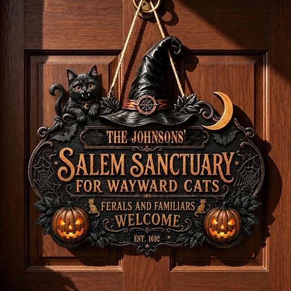 Personalized Wooden Sign with Vampire Cat, Witch Hat & Glowing Pumpkins, Unique Halloween Gift for Cat Lovers