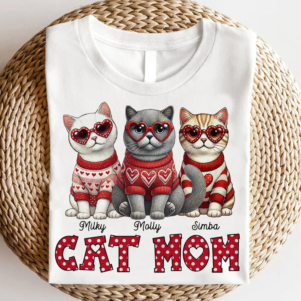Cat Mom Classic Tee Personalized with Your Cats' Look, Sweet Heart Theme Shirt, Thoughtful Unique Gift for Her