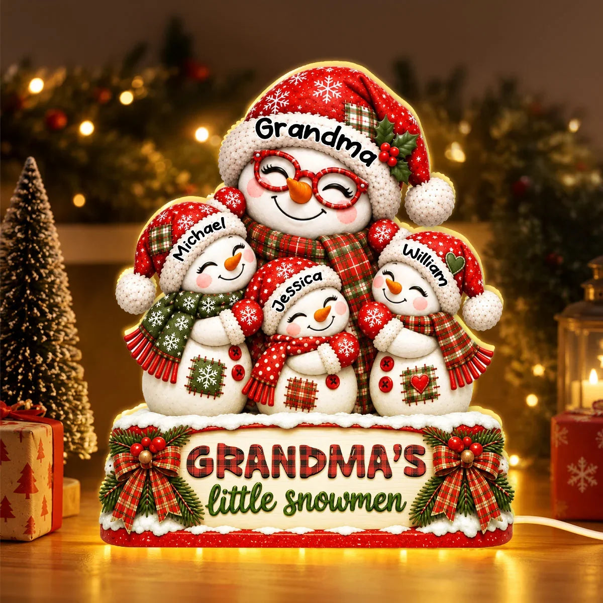 Personalized Acrylic Light Box, Smiling Grandma and Little Snowmen Christmas Scene, Unique Gift for Grandma