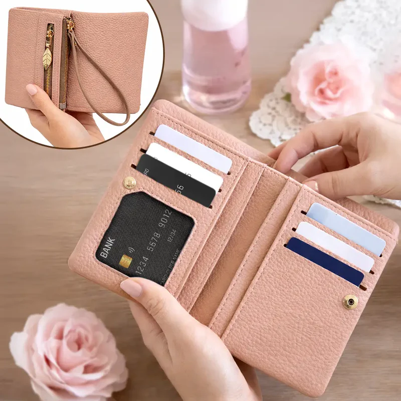 Blooming In Love Personalized Tri-Fold PU Leather Wristlet Wallet, Soft Pink Iris Wristlet, Thoughtful Gift for Her