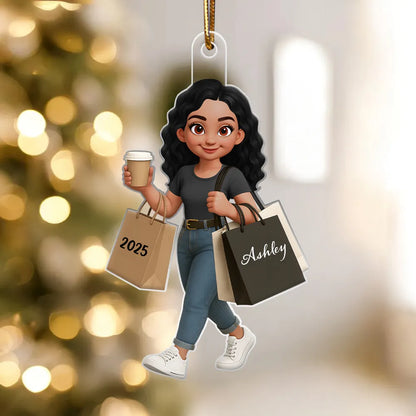 Ornament - Personalized Cute Shopper with Coffee, Cartoon, Easy to Hang, Unique Gift for Best Friend or Daughter