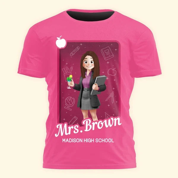 Personalized Printed Classic Tee, Cartoon Teacher Holding Books in Classroom, Unique Gift for Educators