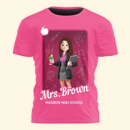 Personalized Printed Classic Tee, Cartoon Teacher Holding Books in Classroom, Unique Gift for Educators