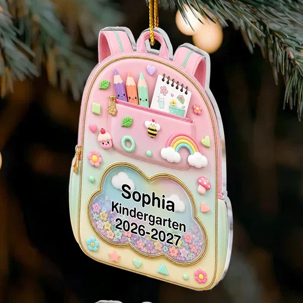 Personalized Acrylic Ornament, Pastel School Backpack Hanging on a Christmas Tree, Unique Gift for Kids and Parents