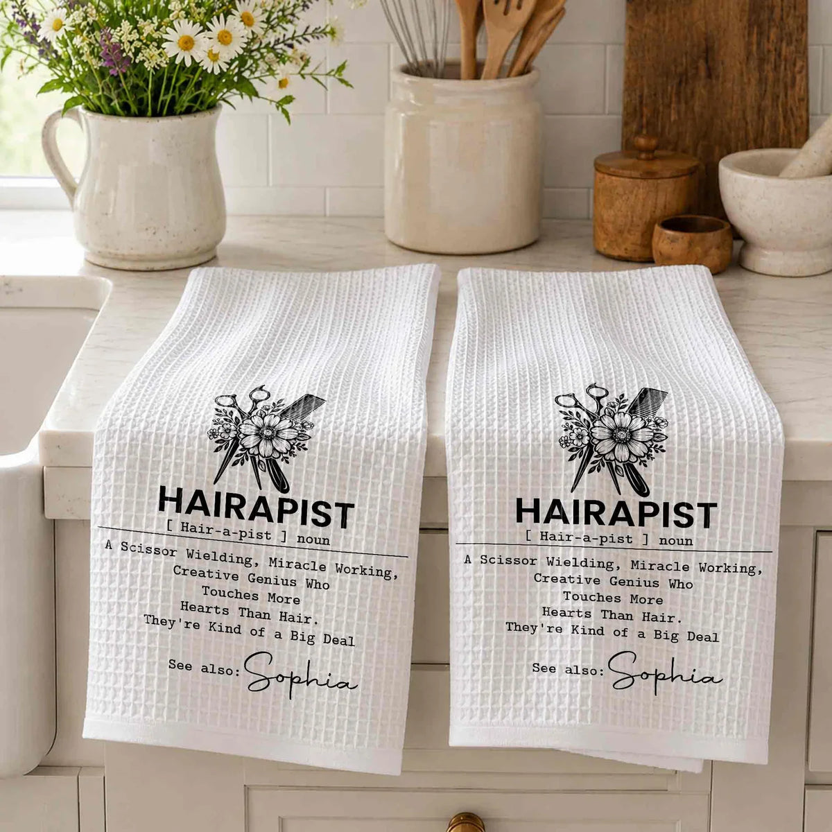 Hairapist Personalized Kitchen Towel, Monochrome Salon Art, Creative Appreciation Gift for Hair Stylist