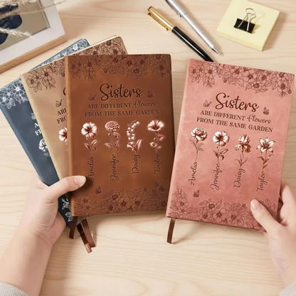 Personalized Sisters Leather Journal, Dusty Rose Flowers, Same Garden Quote, Unique Gift for Sister