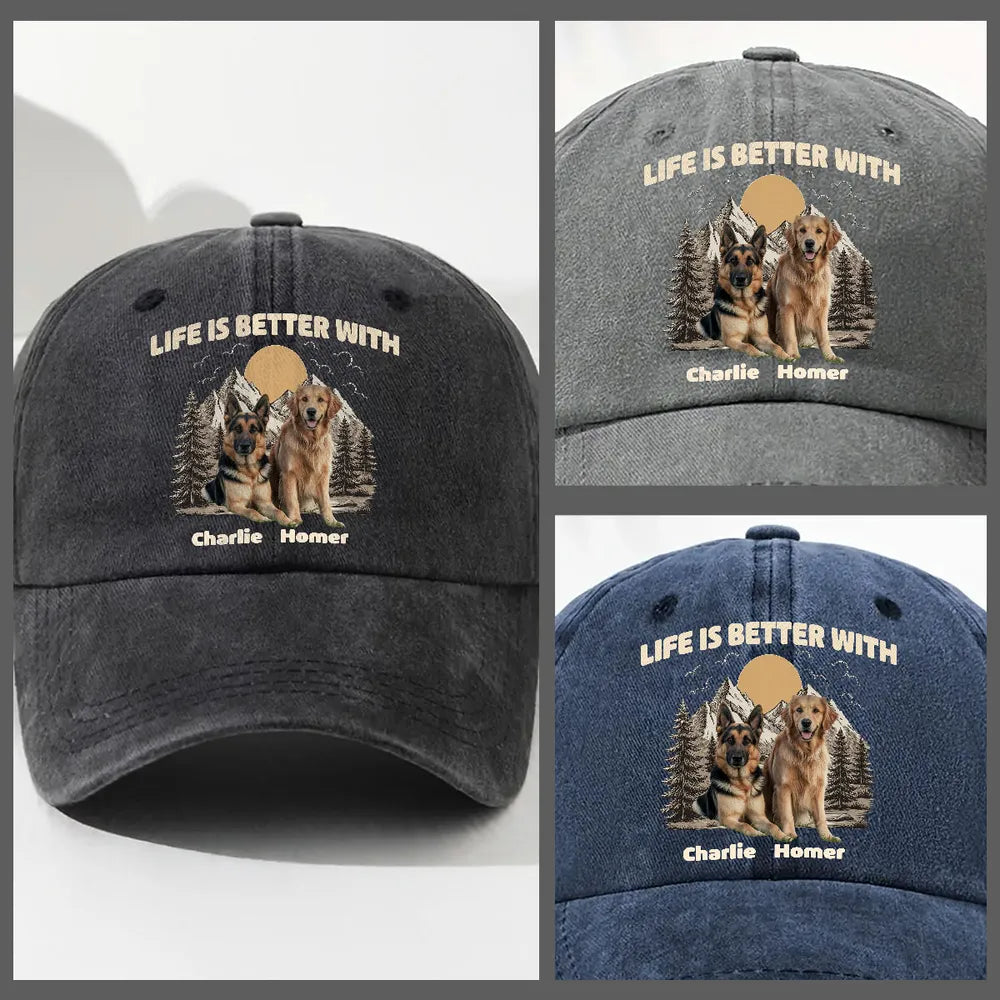 Life Is Better With Dogs Personalized Washed Cotton Cap, Creative Gift for Pet Owners and Hikers