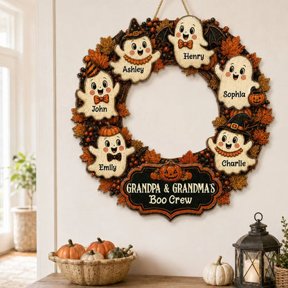 Personalized Halloween Wooden Sign, Retro Ghost Wreath Decor, Unique Gift for Grandma & Grandpa