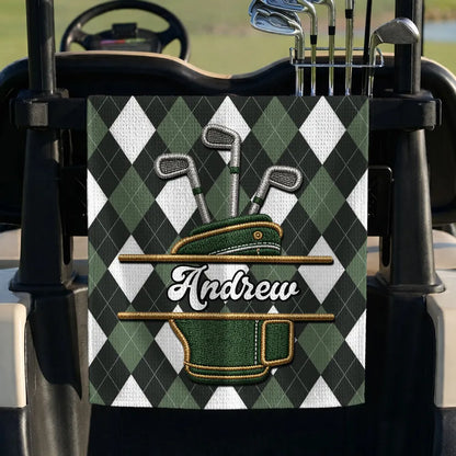 Personalized Golf Bag Towel, Embroidered-Look Waffle Weave Towel with Multiple Pattern Options