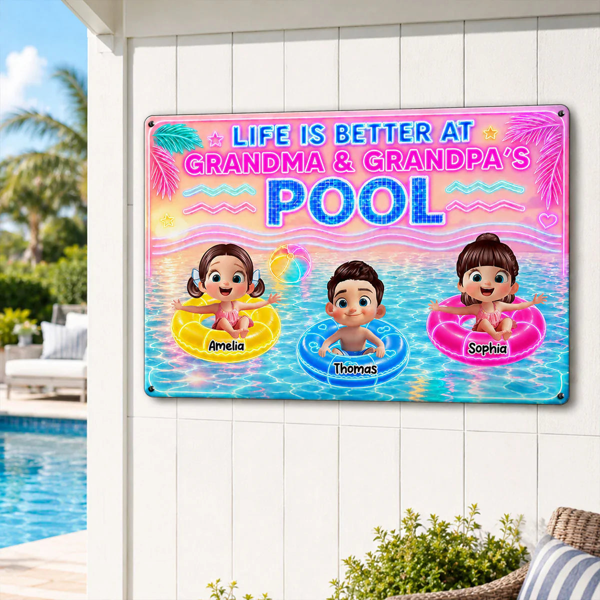 Custom Rectangular Iron Sign with Cartoon Kids in Pool, Creative Backyard Gift for Grandparents