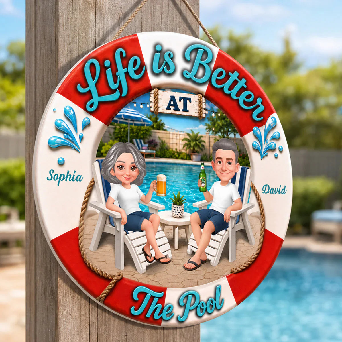 Personalized Wooden Sign, Life Is Better at The Pool, Couple Relaxing with Drinks, Unique Gift