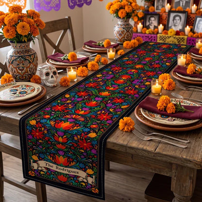 Personalized Table Runner, Vibrant Mexican Folk Floral Tablescape, Unique Housewarming Gift for Family