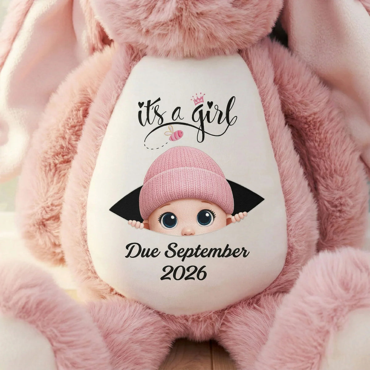 Personalized Plush Bunny Baby Announcement Gift, Pink It's a Girl Design, Unique Surprise Gift for Grandma & Grandpa