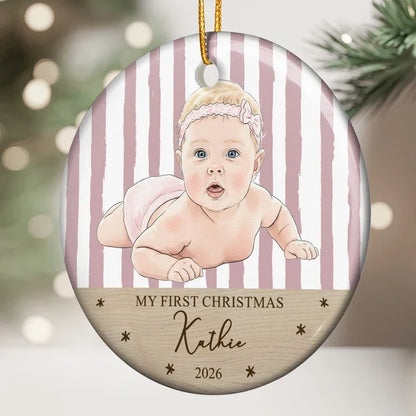 Personalized Ceramic Ornament, AI-Styled Smiling Baby Photo, First Christmas Keepsake, Unique Gift for Parents