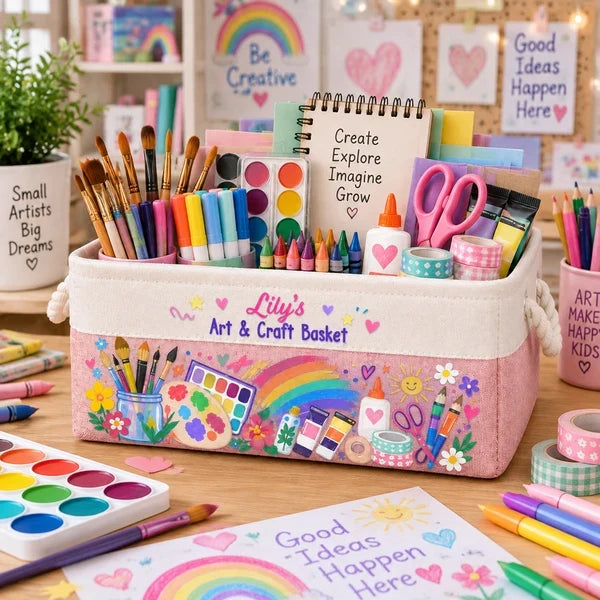 Cotton Linen Rope Basket, Child Holding Colorful Art Supplies, Personalized Creative Gift for Young Artists
