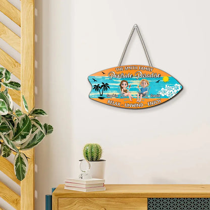 Poolside Paradise Wooden Sign, Personalized Sunny Beach Couple Illustration, Relax Unwind Enjoy, Creative Gift