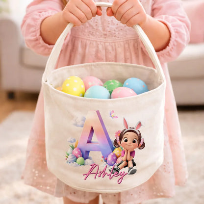 Personalized Polyester Basket Tote Easter Egg Hunt Bag With Cute Sitting Girl & Initial, Unique Gift For Kids