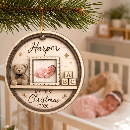 Personalized 2-Layer Wooden Ornament, Sleeping Baby Nursery Scene, Unique First Christmas Gift for New Parents