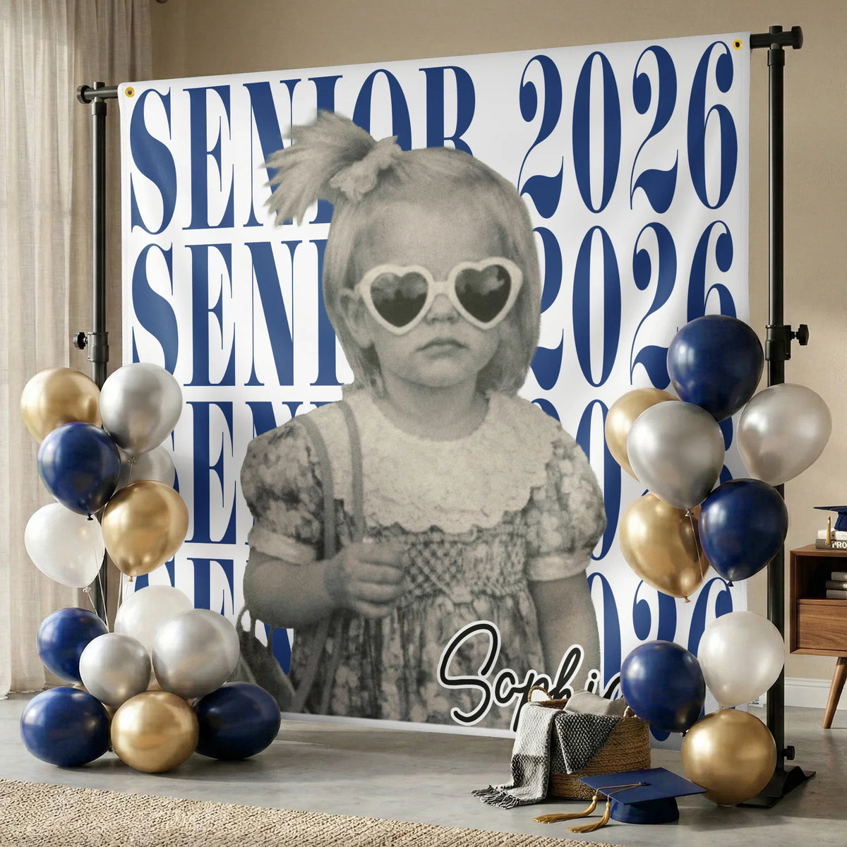 Personalized Graduation Backdrop Banner With Vintage Photo Look, Blue Class Celebration Decor, Unique Creative Gift