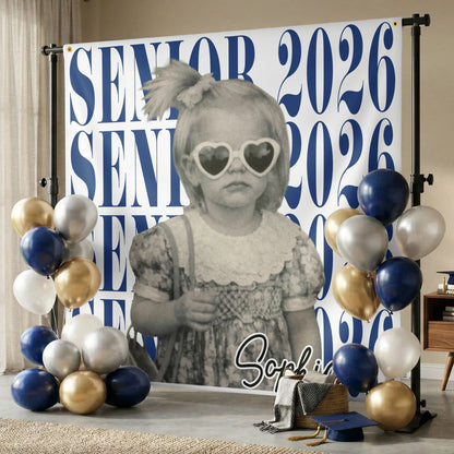 Personalized Graduation Backdrop Banner With Vintage Photo Look, Blue Class Celebration Decor, Unique Creative Gift