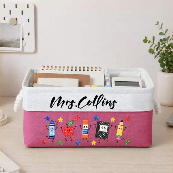 Personalized Cotton Linen Rope Basket, Cheerful School Supply Art for Classroom Organization, Unique Teacher Gift