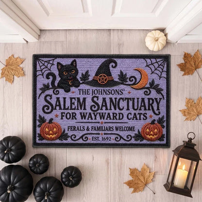 Personalized Standard Doormat with Seated Black Cat and Witch Hat, Unique Halloween Gift for Cat Lovers