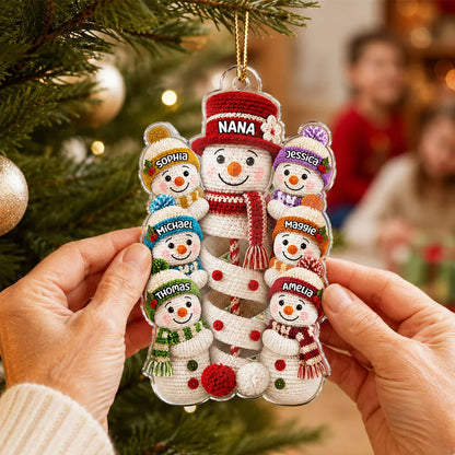 Personalized Acrylic Ornament, Crochet-Style Grandma and Grandkids Building a Snowman, Unique Christmas Gift