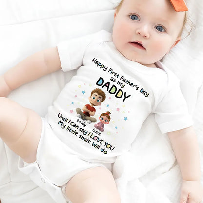 Personalized Short Sleeve Baby Onesie with Sitting Dad & Baby, First Father's Day Unique Gift