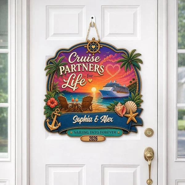 Personalized Wooden Sign, Cruise Partners for Life Tropical Sunset Decor, Unique Gift for Couples