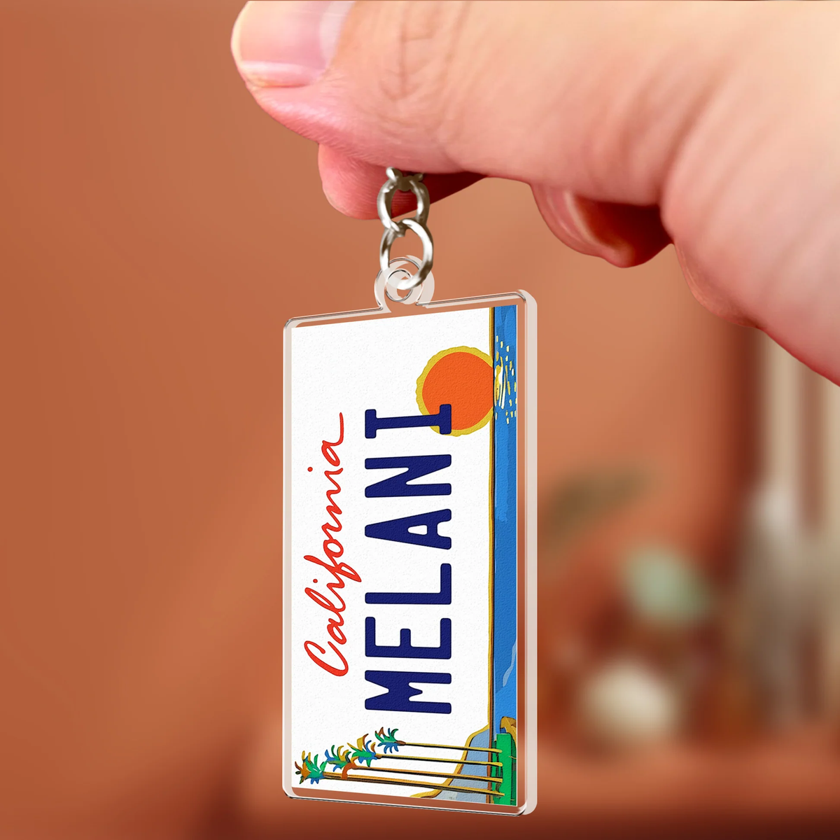 State License Plate Acrylic Keychain, California MELANI Design, Beach Sunset Style, Unique Travel Gift