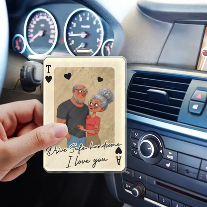 Personalized Acrylic Car Visor Clip Vintage Playing Card Couple Hugging, Drive Safe Handsome I love you, Unique Gift for Him