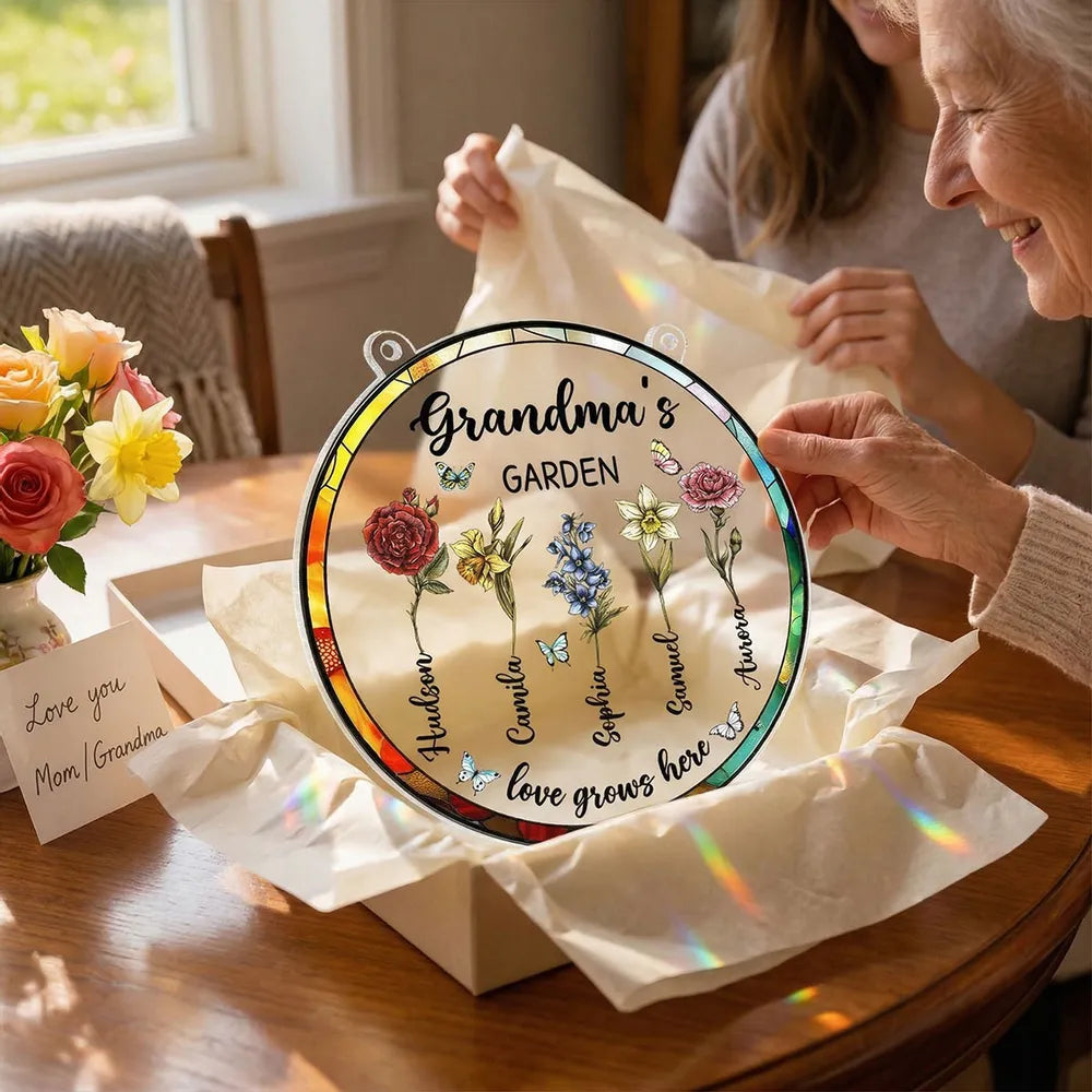 Grandma's Garden Love Grows Here Acrylic Suncatcher Ornament - Sunlight Reflection Window Decor, Thoughtful Personalized Gift
