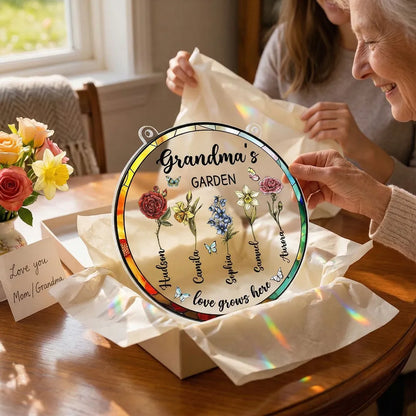 Grandma's Garden Love Grows Here Acrylic Suncatcher Ornament - Sunlight Reflection Window Decor, Thoughtful Personalized Gift