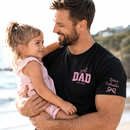Personalized Girl Dad Dual Print Classic Tee, Pink Bow Design, Crossed Arms Look, Unique Creative Gift for Dad