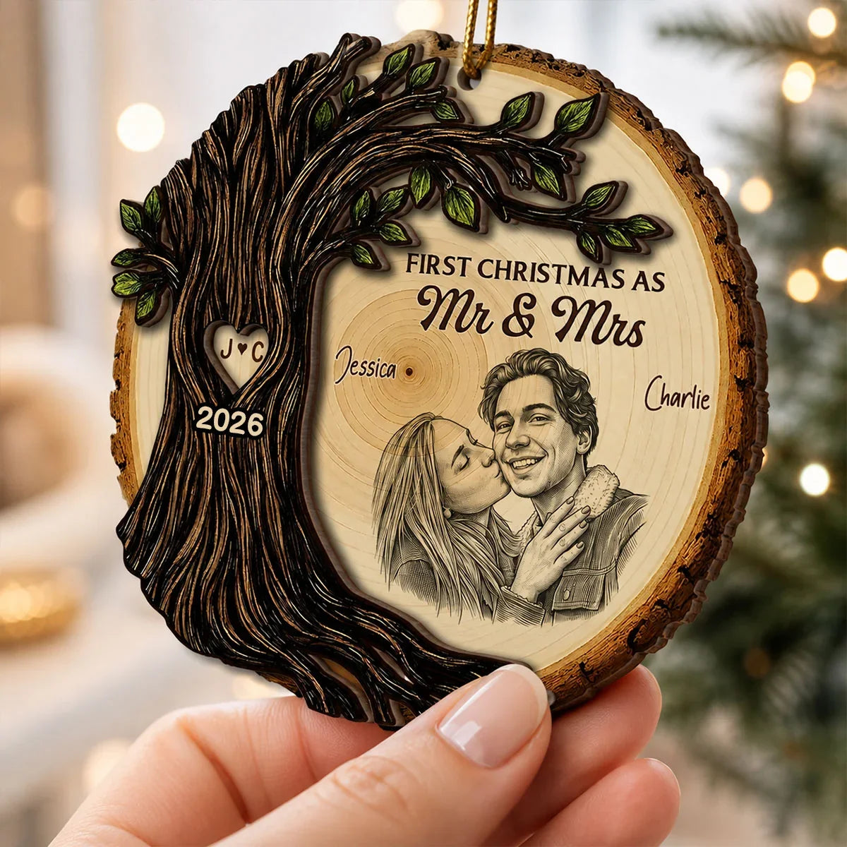 First Christmas as Mr & Mrs 2-Layer Wooden Ornament, Romantic Tree Design, Creative Gift for a Married Couple